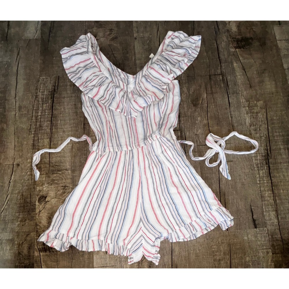 American‎ Eagle Striped Ruffle Romper Womens Small White Blue Red Viscose Tie